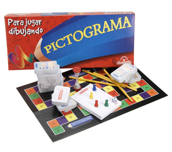 Juego de mesa Pictography, donde por medio de sencillos dibujos y trazos se deben adivinar palabras en 1 minuto. Para más de 3 jugadores, para 11 años o más.