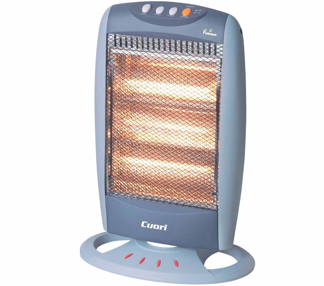 Estufa Cuori, Modelo FIAMMA. Potencia:400w/800w/1200w. 230v-50Hz Apagado automático por desestabilización. Función oscilante. Medidas: base 32 cm, altura 45 cm